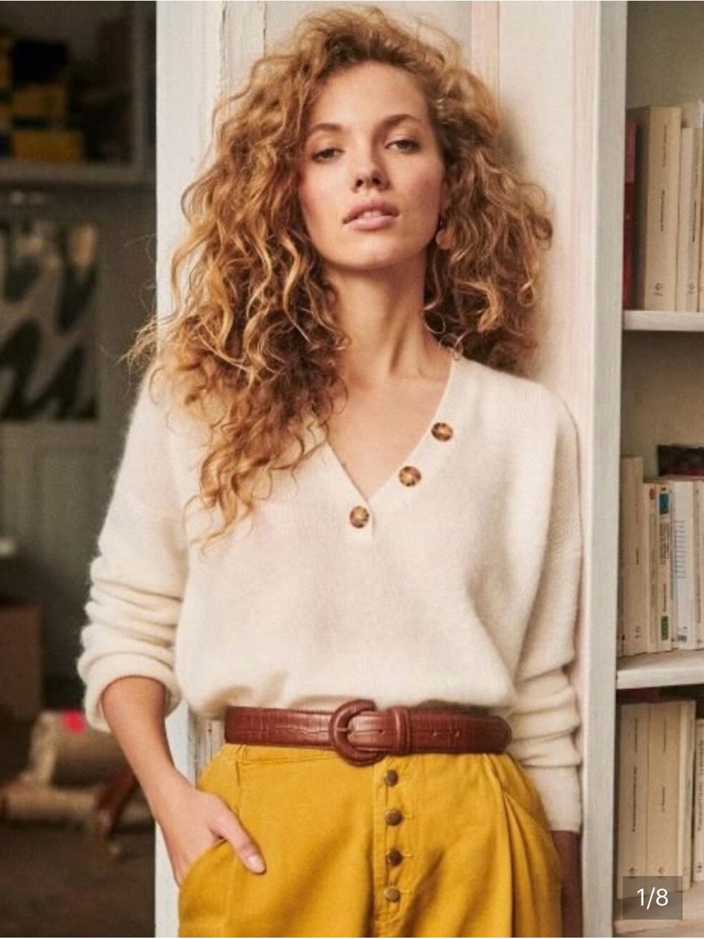 Sezane Cream V-Neck Sweater with Button Accent